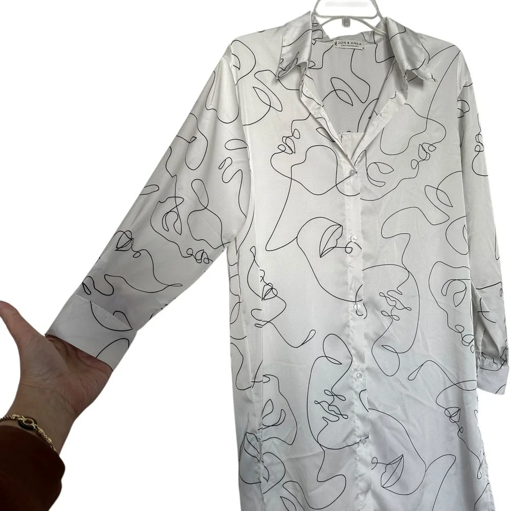 Contemporary Womens Faces Long Shirt Dress Duster Sz M White ‎ Abstract Art Deco